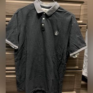 Navy Penguin polo w neck and sleeve stripes